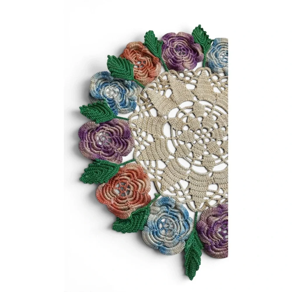 Handmade Crochet Rose Posy Doily 12 Inch Floral Centerpiece Decor